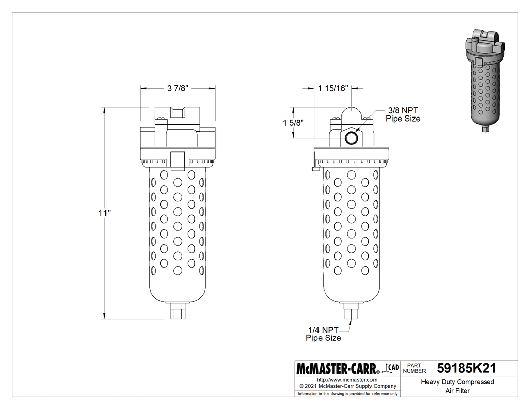 Technical Drawing of Heavy Duty Compressed Air Filter, for Oil Removal, 3/8 NPT Female.